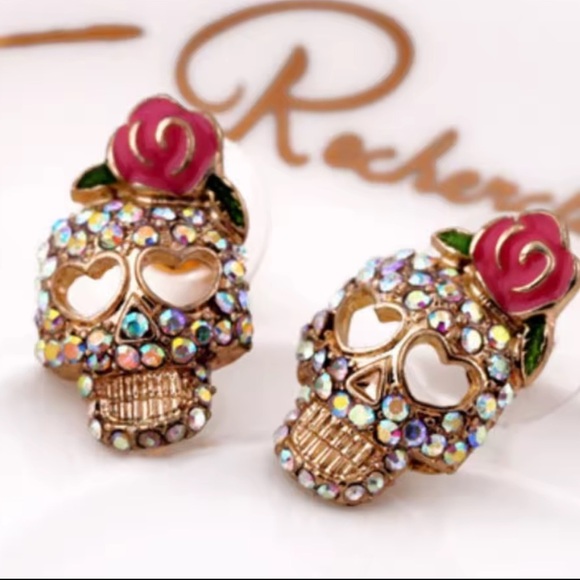 Pink Skull Skeleton Gold Crystal Earrings - Picture 7 of 13